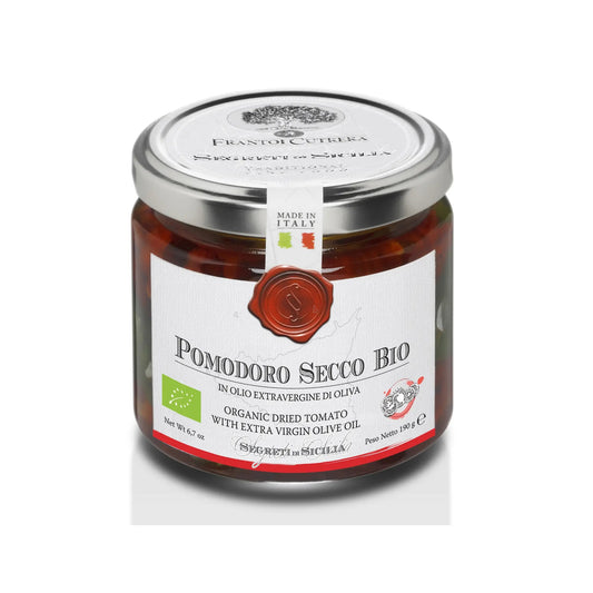 Biologische gedroogde tomaat met extra vierge olijfolie