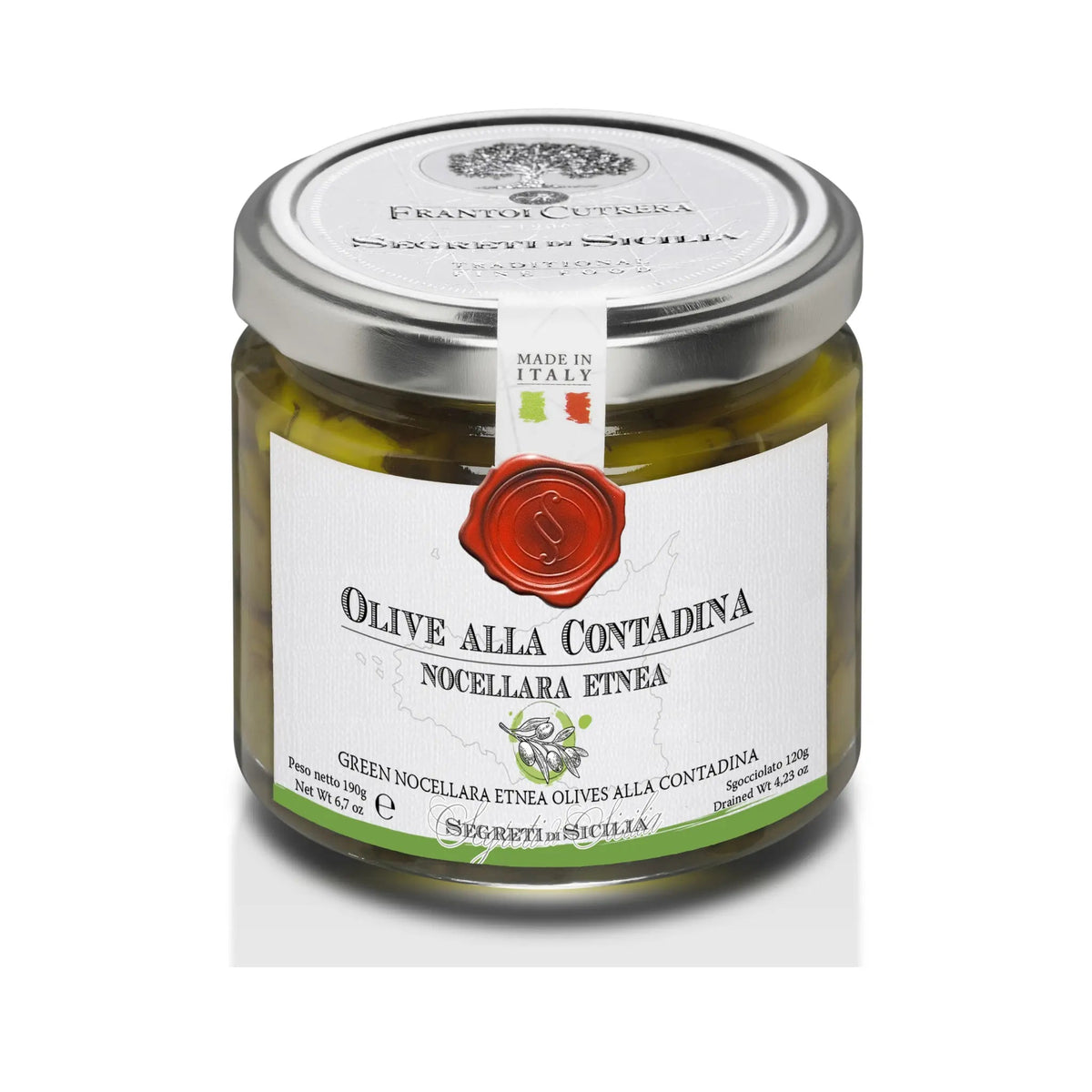 Groene Nocellara Etnea-olijven alla contadina